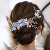 Bridal Hair Combs, Wedding Hair Comb Set Crystal Flower Hair Clips Bride Bridesmaid Hair Sides Comb Rhinestone Barrettes, Pearl Flower Hair Pins Hair Accessories for Women Girls (Light Blue)