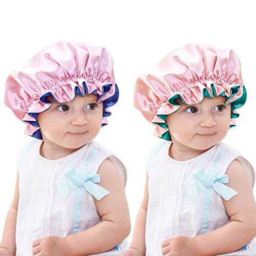 Sent Hair 2 Pieces Kids Satin Bonnet Silky Hair Bonnet for Sleeping, Double Layer Night Sleep Cap for 0-3 Years Old Kids Baby Toddlers Children, Adjustable Nightcap with Elastic Band (Blue & Green)