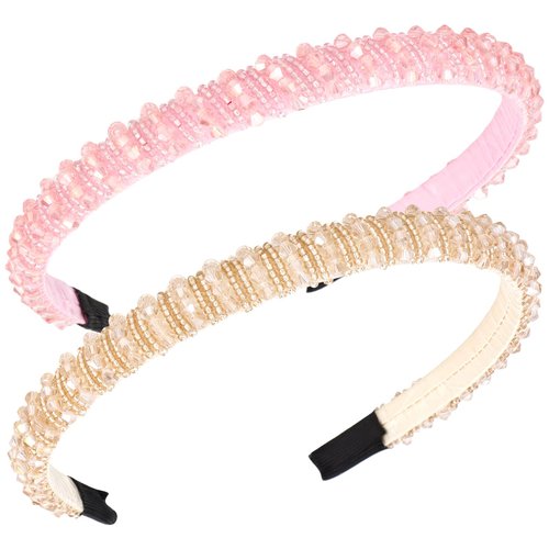 Jaciya Rhinestone Headband Crystal Beaded Headbands for Women Sparkly Fashion Head Band Girls Hair Accessories-Pink/Champagne