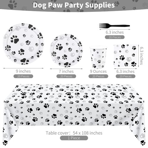 durony 121 Pieces Black Paw Print Party Supplies Dog Birthday Tablecloth, Plates, Napkins, Forks and Paper Cups Decorations for Puppy Theme Party Supplies