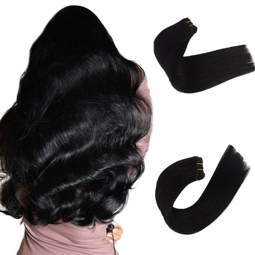 Munx Human Hair Weft Sew in Hair Extensions Bundles with Closure Straight Human Hair 18inch 100g Black Brazilian Virgin Remy Hair Extensions Double Weft Black for Women