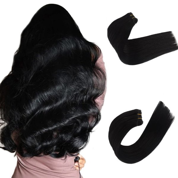 Munx Human Hair Weft Sew in Hair Extensions Bundles with Closure Straight Human Hair 18inch 100g Black Brazilian Virgin Remy Hair Extensions Double Weft Black for Women