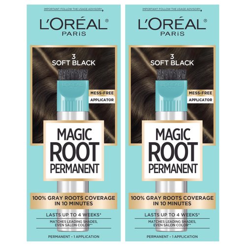 L'Oreal Paris Magic Root Rescue 10 Minute Root Hair Coloring Kit, Permanent Hair Color with Quick Precision Applicator, 100 percent Gray Coverage, 3 Soft Black, 2 count
