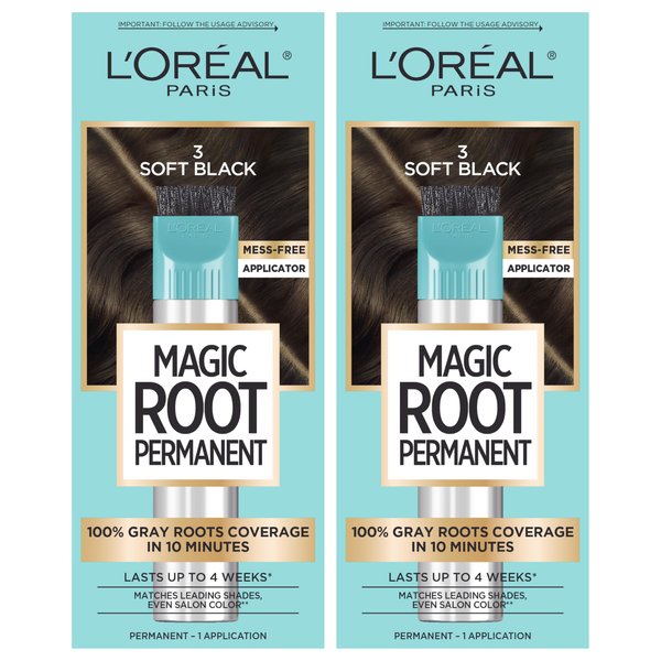 L'Oreal Paris Magic Root Rescue 10 Minute Root Hair Coloring Kit, Permanent Hair Color with Quick Precision Applicator, 100 percent Gray Coverage, 3 Soft Black, 2 count