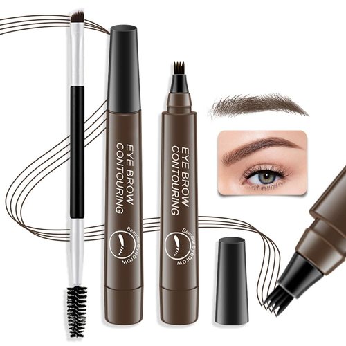 2Pcs Microblading Eyebrow Pen with Brow Brush,4 Tip Eye Brow Pencils for Women,Sponge Head Magical Precise Waterproof Brow Pen,Suake Eyebrow Contouring Pen,Creates Natural Brows - Dark Brown