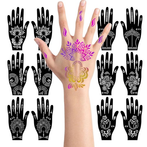 Henna Tattoo Stencils kit,Reusable Henna Stencils for Hand Forearm Glitter Airbrush DIY Tattooing Template, Indian Temporary Tattoo Stickers for Women Girls