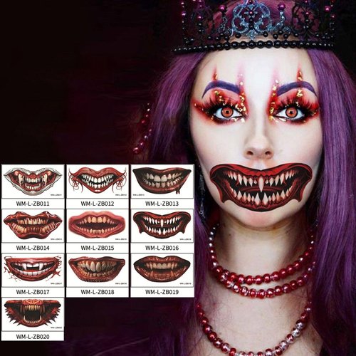 Halloween Temporary Tattoos,Horror Mouth Halloween Temporary Stickers Prank Makeup Face Decals Halloween Clown Bloody Mouth Fake Tattoos Prank Props for Halloween Party Supplies Decorations 10 Sheets