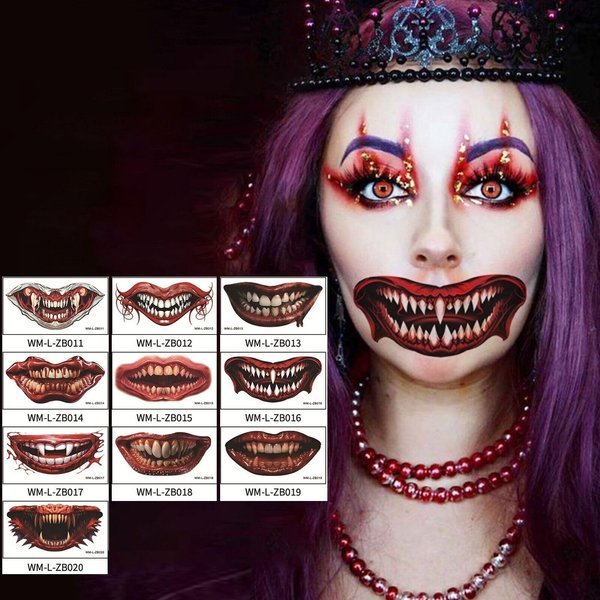 Halloween Temporary Tattoos,Horror Mouth Halloween Temporary Stickers Prank Makeup Face Decals Halloween Clown Bloody Mouth Fake Tattoos Prank Props for Halloween Party Supplies Decorations 10 Sheets