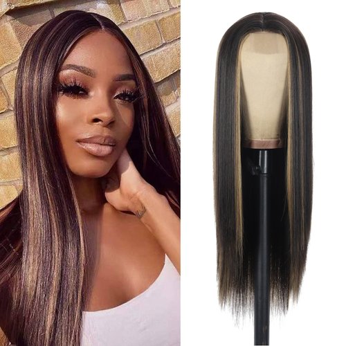 Straight Synthetic Lace Front Wigs for Women 28 Inch Middle Part Wig Blonde Mixed Brown Colored Wig Hightlight Long Wigs (28 Inch Straight Wig Brown Mixed Blonde)