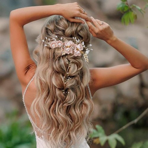 BOYIVI 4 Pieces Bridal Floral Hair Comb and Pins, Pink Alloy with Rhinestones, Plump Smooth Pearl and Fake Petal Wedding Hair Accessories for Brides, Bridesmaids, Women, Girls