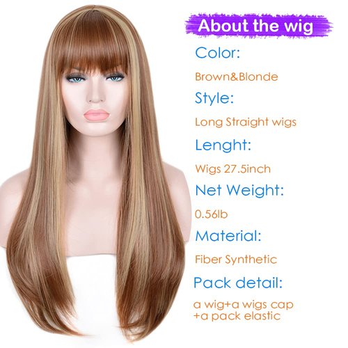 SiYi Brown Wig,27inch Long Natural Straight Wigs with Bangs for Women,Halloweeen Costume Cosplay Wigs Natural Daily Party Wigs Cover for Ladys