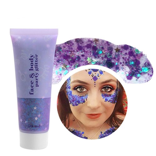 MAEPEOR Face Body Glitter Gel 14 Colors Mermaid Sequins Body Glitter Gel Chunky Holographic Glitter Liquid Body Makeup for Face Body Hair Nails (50ml, F12 Purple)