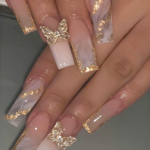 RTKHFZE Press on Nalis Long Coffin Nails Press ons Square Fake Nails Nude Gradient Acrylic False Nails with Metal 3D Butterfly Designs and Gold Glitter Artificial Nails Stick on Nails for Women 24Pcs