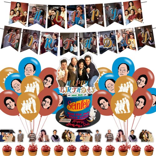 AUSDU 32 Pcs Seinfeld Birthday Party Decorations,Party Supply Set for Kids with 1 Happy Birthday Banner Garland , 13 Cupcake Toppers, 18 Balloons for Seinfeld Party Decorations