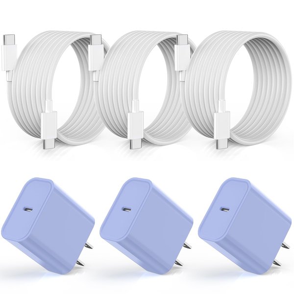 Apple iPhone 16 15 Charger Fast Charging [Apple MFi Certified]3Pack 20W USB Type C Charging Block with Long 6 FT Fast Charging Cable for iPhone 16/16 Pro/Pro Max,iPhone 15/15 Pro Max/Plus/iPad(Purple)