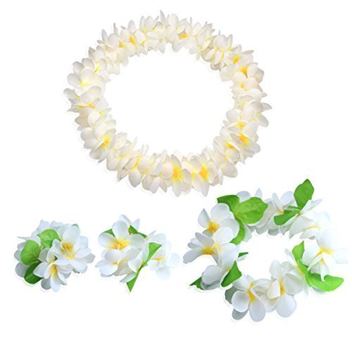 CISMARK Hawaiian Flower Leis Jumbo Necklace Bracelets Headband Set White