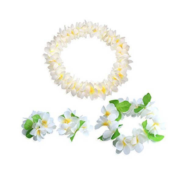 CISMARK Hawaiian Flower Leis Jumbo Necklace Bracelets Headband Set White