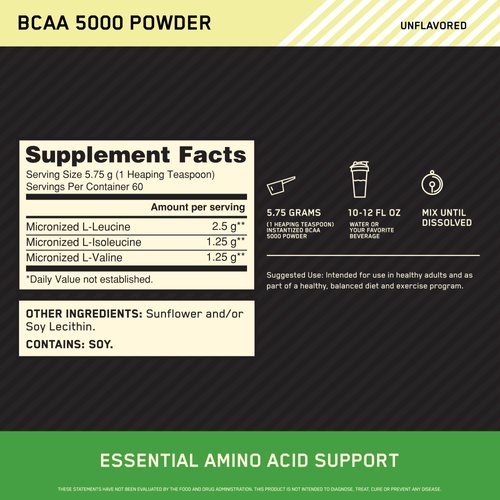 Optimum Nutrition Instantized BCAA Powder, Unflavored, Keto Friendly Branched Chain Essential Amino Acids Powder, 5000mg, 60 Servings (Packaging May Vary)