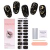 TOROKOM Cured Gel Nail Strips, Black Moon Gel Nail Strips Long Lasting Waterproof Real Nail Polish Strips Wraps Stickers With Cuticle Stick, Nail File, Nail Wipes & Sealing(UV/LED Lamp Required)