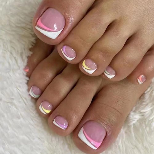 24Pcs Slanted French Toe Nail Press ons，Pink Press on Toenails for Women Short Square Fake Toenails with Rainbow Design Fake Toe Nails Acrylic Nails Summer Manicure Glossy Toenail Press on Nails