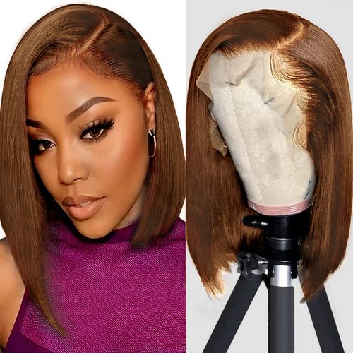 Bob Wig Human Hair Chocolate Brown 13x6 HD Lace Front Wigs Human Hair 180% Density Straight Glueless Wigs Human Hair Pre Plucked Short Bob Wigs for Black Women Human Hair Color #4 (12 inch, Bob Wig)