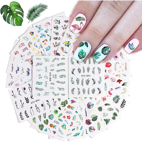 Kalolary 29Pcs Nail Stickers Water Transfer Fresh Nail Decals for Nail Art, Butterfly Palm Leaf Flower Nail Design Stickers for DIY Nails Design Manicure Tips Decorations