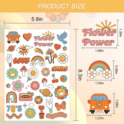 75Pcs Groovy 70s Temporary Tattoos for Kids, Hippie Tattoo Stickers, Birthday Party Favors Decorations Supplies for Boys Girls, Flower Power Good Vibes Smile Love Rainbow Arts and Crafts
