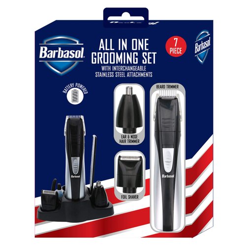 Barbasol Portable Battery Powered All in 1, 7 Piece Beard Grooming Set with Ear and Nose Trimmer, Foil Shaver and Beard Trimmer with Stainless Steel Blades and Stand