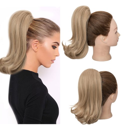S-noilite Short Ponytail Extension Claw Clip In Ponytail Extension 12 Inch Drawstring Curly Wavy Ponytails Hairpieces Short Faux Claw on Ponytails for Women Daily Wear Blonde Fake Ponytail-#18