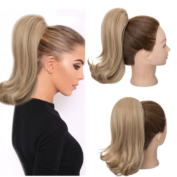 S-noilite Short Ponytail Extension Claw Clip In Ponytail Extension 12 Inch Drawstring Curly Wavy Ponytails Hairpieces Short Faux Claw on Ponytails for Women Daily Wear Blonde Fake Ponytail-#18