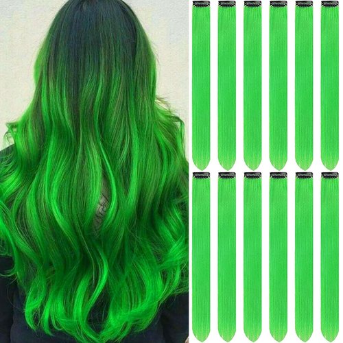 Olldag 12 PCS Green Hair Extensions Clip in, 22 Inch Colored Hair Accessories Party Highlights Long Straight Synthetic Hairpieces for Women Kids Girls