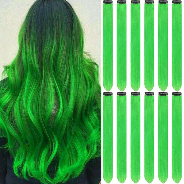 Olldag 12 PCS Green Hair Extensions Clip in, 22 Inch Colored Hair Accessories Party Highlights Long Straight Synthetic Hairpieces for Women Kids Girls