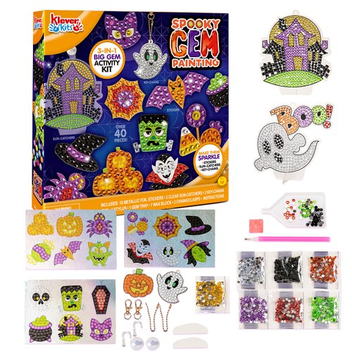 Klever Kits Halloween Gem Art Kit, Kids Halloween Art Crafts Party Supplies, Diamond Painting Kit with Stickers, Suncatchers, and Keychains, Party Favor DIY Activities School Game Goodies Gift