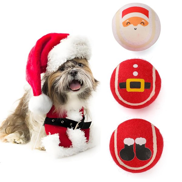 LUCKITTY 3 Packs Christmas Dog Tennis Balls Interactive Toy Puppy for Small Medium Dogs Training Playing- Santa Claus Patterns 2.5 Inch