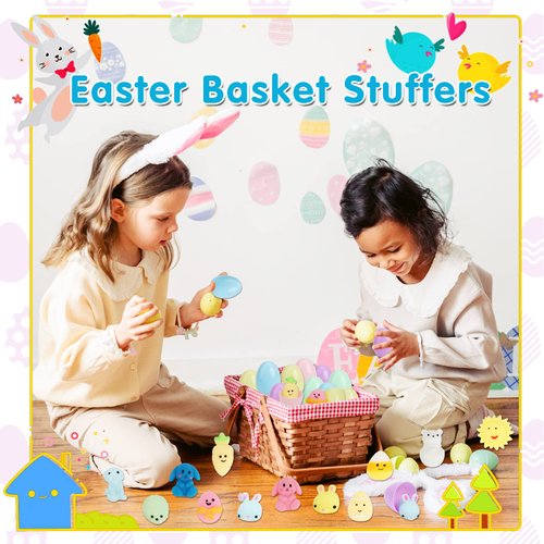 Easter Basket Stuffer Mochi Fidget Toys, 15 Set of Easter Eggs with Mochi Squishy Toys Inside Tiny Kawaii Squeeze Toy for Easter Party Favors Easter Gifts for Kids Classroom Rewards School Prize