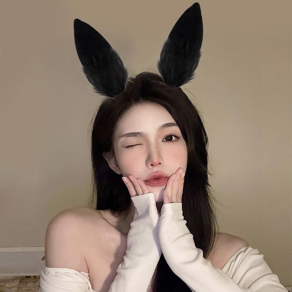 Ahoney 2Pcs Bunny Ears Hair Clips Furry Plush Rabbit Ear Headband Halloween Prop Party Prom Cosplay Headwear Costume Hair Accessories for Women Girls - Black