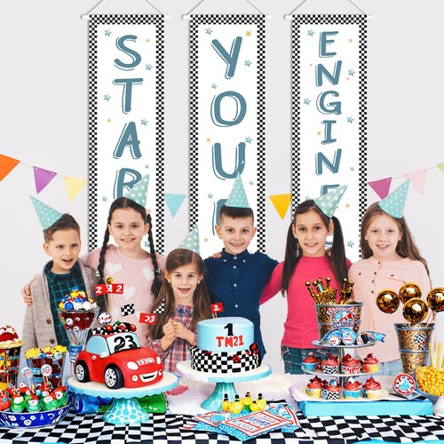 3pcs Race Car Birthday Party Decorations Racing Fans Banners Blue Racing Car Flag Banner Race Car Banner Fast One Two Fast Birthday Party Decorations for Boys Girls Blue Racing Party Supplies