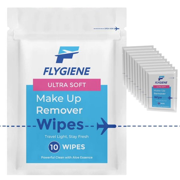 FLYGIENE - Individually Wrapped Disposable Makeup Remover Wipes - Ultra Soft Fragrance-Free Makeup Towelettes- Premium Gentle Cleansing Facial Wipes - Ideal for Travel & Daily Use (Pack of 10)