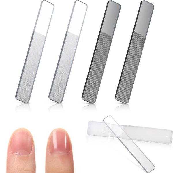 4 Pieces Glass Nail Shiner Crystal Nail Shine Buffer Polisher Crystal Glass Nano Nail File with Case for Natural Nails (White and Black Flat End)