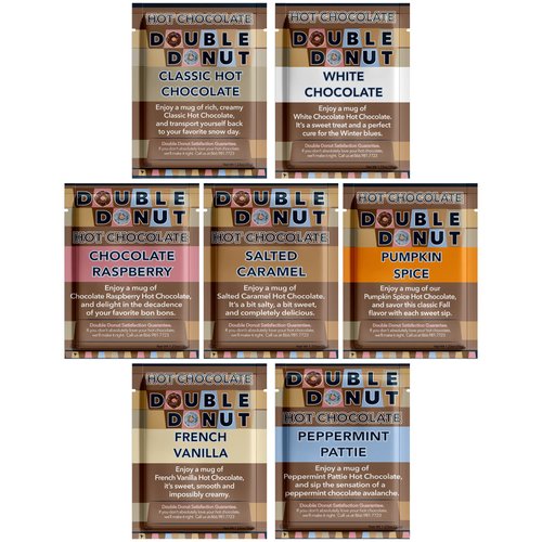 Double Donut Coffee Flavored Hot Chocolate Packets Variety Pack,18 Count Includes Classic,White Chocolate,Chocolate Raspberry,Salted Caramel,Pumpkin,French Vanilla & Peppermint