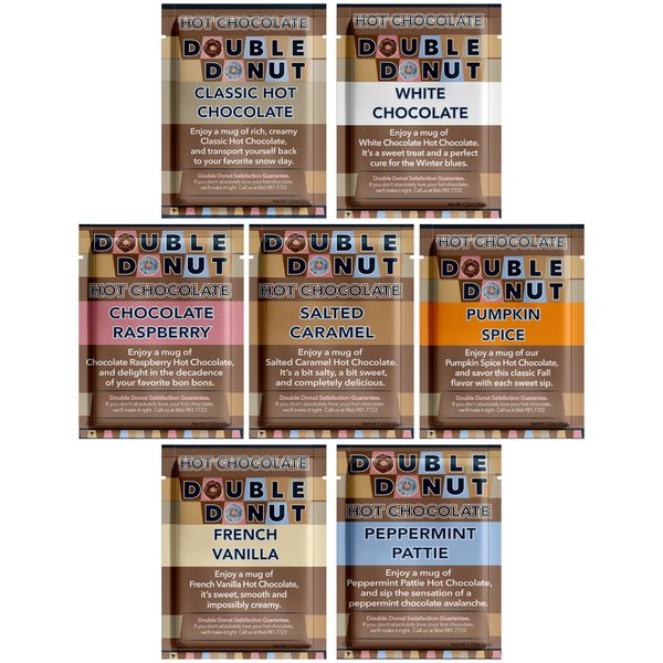 Double Donut Coffee Flavored Hot Chocolate Packets Variety Pack,18 Count Includes Classic,White Chocolate,Chocolate Raspberry,Salted Caramel,Pumpkin,French Vanilla & Peppermint