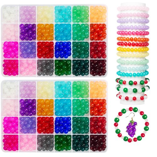 1300PCS 8mm Glass Beads for Jewelry Making, 24 Colors Glass Beads for Bracelet Making kit, Crystal Beads for Bracelets, Jade Round Beads for Girl Women Men
