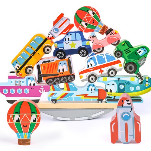 AMOR PRESENT 12PCS Wooden Stacking Toys, Wooden Vehicle Blocks Balance Game Montessori Toys for Kids
