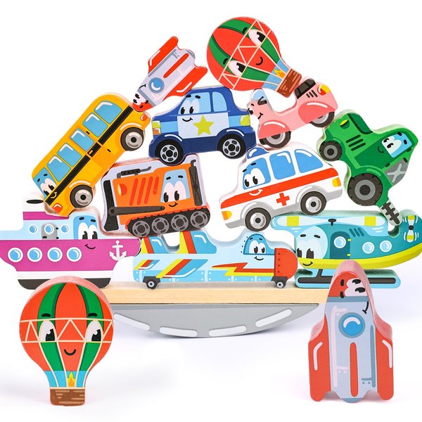 AMOR PRESENT 12PCS Wooden Stacking Toys, Wooden Vehicle Blocks Balance Game Montessori Toys for Kids