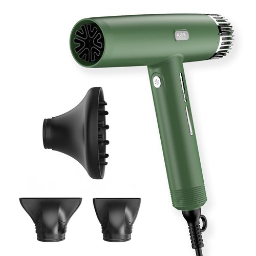 K&K Professional Hair Dryer, 110000 RPM/m Brushless Motor Ionic 1800W Blow Dryer, Low Noise Fast Drying 340g Lightweight Dryer with 3 Speeds 3 Heating for Home, Salon and Travel Green