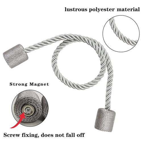 Porlau 2 Pack Grey Strong Magnetic Curtain Tiebacks Outdoor Elegant Decorative Tie Backs Modern Rope Tiebacks for Drapes Window Curtain Holdbacks for Draperies