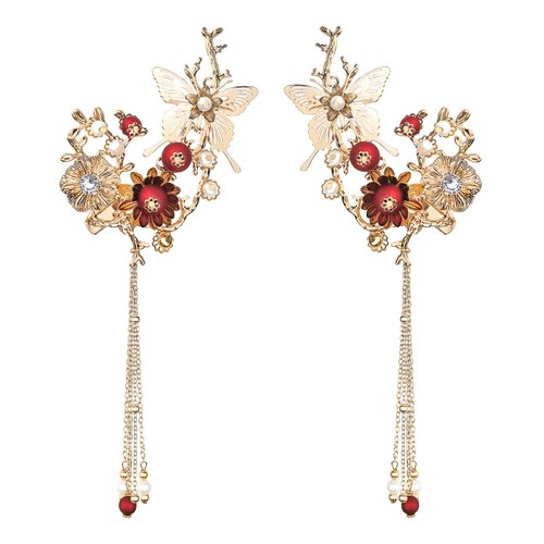 2 PACK Butterfly Tassel Hair Clip Vintage Flower Hairpins Hair Stick Hair Ornament Accessory for Traditional Clothes Kimono Decoration