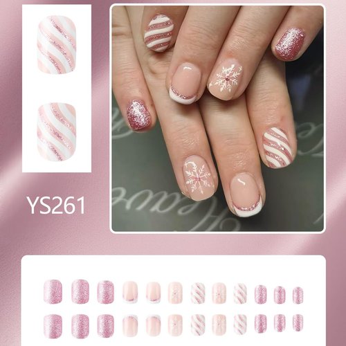 Christmas Press on Nails Short Square Fake Nails Full Cover Snowflake French Tip Glitter Design False Nails Xmas Cute Stick on Nails Winter Acrylic Artificial on Nails for DIY Nail Decoration 24Pcs