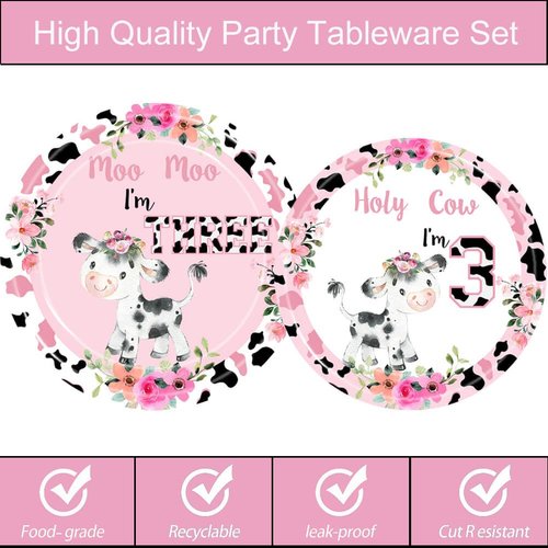 Holy Cow I'm Three Girls Birthday Party Plates Cow Three Years Old Paper Dinner Plates Dinnerware for Farm Animals Cow Themed Girls 3rd Birthday Party Supplies Decorations