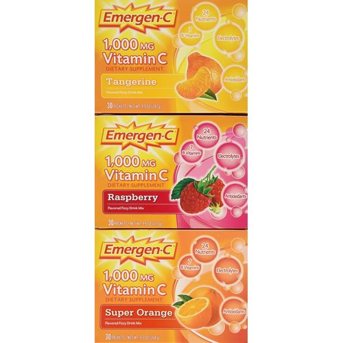 Emergen-C 1,000 mg Vitamin C Dietary Supplement Drink Mix, Super Orange/Raspberry/Tropical, 90 Packets, Net Wt. 28.5 oz.